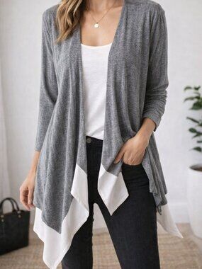 Soft Draped Waterfall Cardigan Gray Lightweight Open Front Layering Size Large